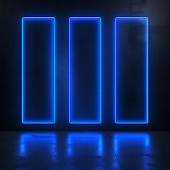 Wall Mural - Abstract background featuring three blue neon rectangles on a dark wall, designed as a modern wallpaper for creative and best-selling designs