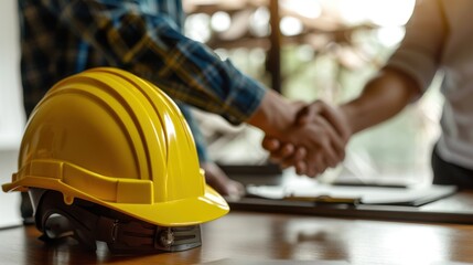 Construction Agreement: Close-up of Yellow Hard Hat and Handshake in Office Setting