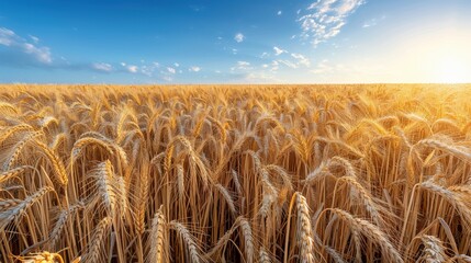 Sticker - Golden Wheat Field Under a Clear Blue Sky with Fluffy Clouds on a Sunny Day