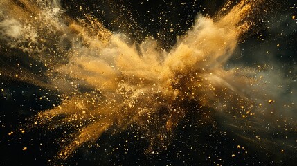 Poster - Golden powder explosion with dynamic particles against a black background