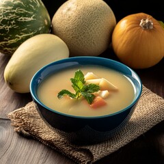 Wall Mural - A bowl of soup with a bunch of vegetables and melons on a table 