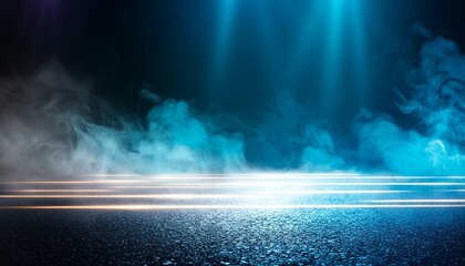 Wall Mural - A dark empty street, dark blue background, an empty dark scene, neon light, spotlights The asphalt floor and studio room with smoke float up the interior texture. night view