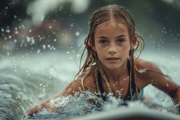 A young girl, determined and focused, engages in surfing, with a scenic water background, capturing the essence of youth and perseverance amid splashing waves.