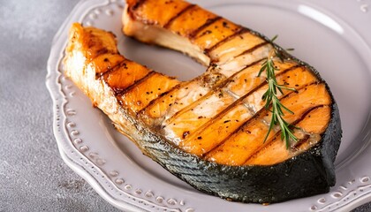 Wall Mural - close-up of grilled salmon on a plate. Selective focus 