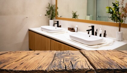 Poster - Empty wooden table and blurred view of stylish bathroom interior 