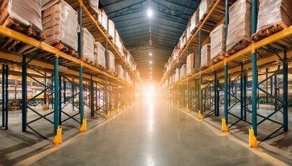 Wall Mural - Empty warehouse with shelves and bright lights. 