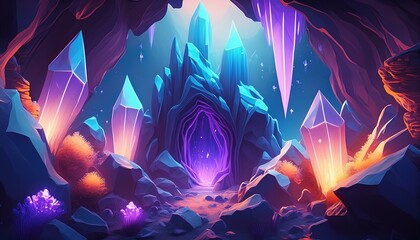 Wall Mural - Enchanted crystal cave with glowing formations and mystical lights in a fantasy setting. Perfect for magical and fantasy-themed projects. 