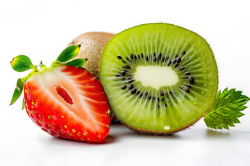 half cut kiwi fruit and fresh strawberry isolated on white background