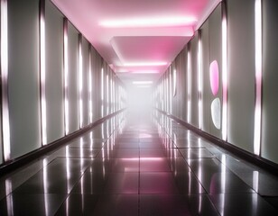 Wall Mural - Neon corridor with bright pink lights, reflective floor, and misty atmosphere, creating a futuristic and cyberpunk ambiance. 