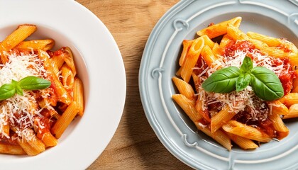 Wall Mural - Tasty pasta with tomato sauce, cheese and basil served on wooden table, flat lay 