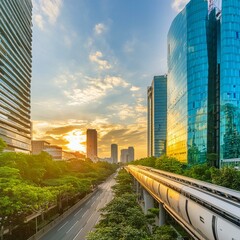 Wall Mural - Urban monorail train moving on elevated tracks through a modern cityscape at sunset with skyscrapers and greenery. 