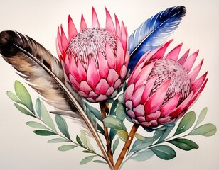 Wall Mural - Watercolor Painting of Pink Proteas and a Feather 