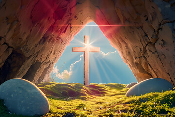 Poster - jesus is risen illustration of an empty tomb from inside with a cross in the background easter card illustration