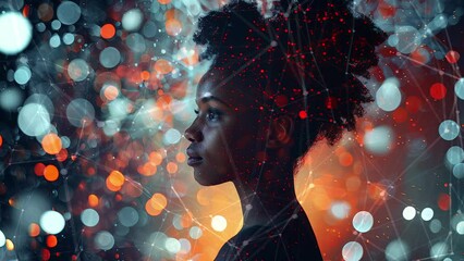 Wall Mural - Beautiful black young woman close-up. IT specialist, artificial intelligence collage.  Working in a data center. Generate AI.