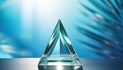 Wall Mural - a glass triangle trophy against a serene light blue background offering a captivating perspective with dynamic light reflections