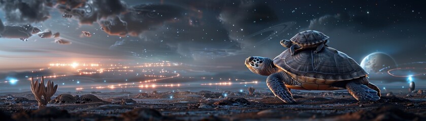 Wall Mural - a turtle is walking on a rocky surface with a bright light in the background