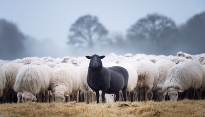 Poster - a solitary dark sheep stands out amidst a flock on a misty morning a black sheep gazes forward surrounded by a sea of white sheep in a soft misty field