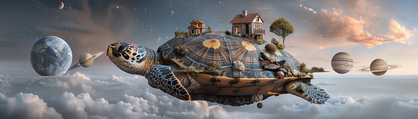 Wall Mural - a turtle is flying through the sky with a house and a planet in the background