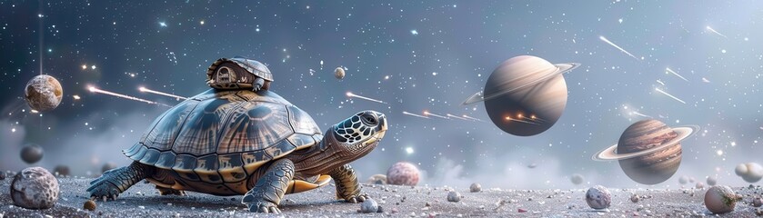 Wall Mural - A turtle is walking on a rocky surface with a planet in the background