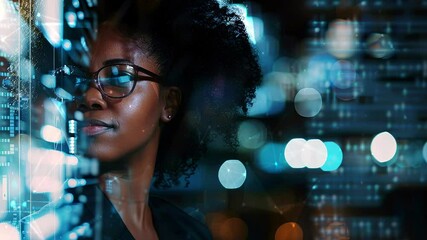 Wall Mural - Beautiful black young woman close-up. IT specialist, artificial intelligence collage.  Working in a data center. Generate AI.