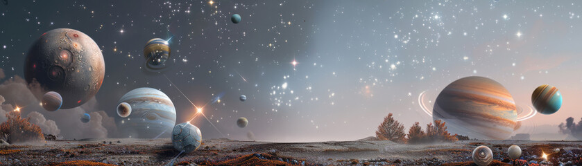 Wall Mural - a space scene with a large planet in the center