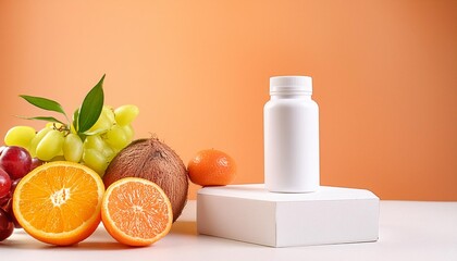 white bottle of multivitamin supplement with fresh fruits on cube stand orange background copy space