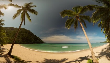 Wall Mural - panoramic view of beautiful tropical beach with palms and sea