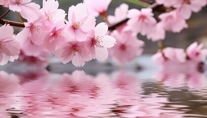 Poster - beautiful pink sakura flowers on water surface closeup view