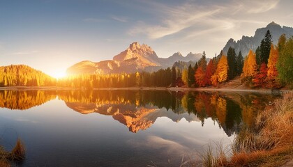 Wall Mural - mirror surface lake early sunset wide angle autumn landscape with mountain range on background