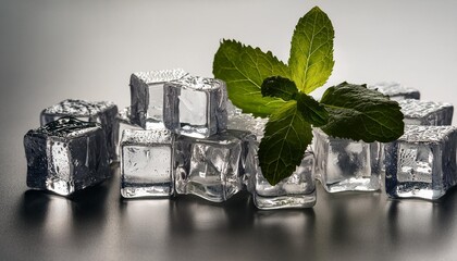 Wall Mural - mint leaves and ice cubes white background