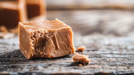 Wall Mural - Close-up of piece brown fudge on weathered wooden surface