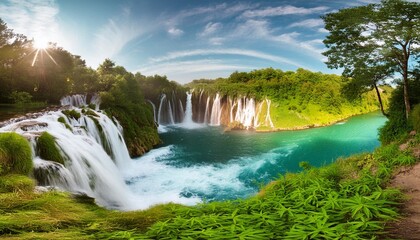 Poster - fantasy landscape with waterfalls panorama