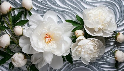 Poster - white flowers and abstract liquid lines large peonies