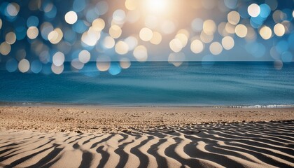 Wall Mural - seascape abstract beach background blur bokeh light of calm sea and sky focus on sand foreground