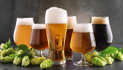 Wall Mural - assorted glasses of beer with froth and hops on dark textured surface