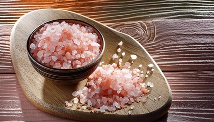 Wall Mural - organic himalayan pink salt in bowl on wooden background healthy food ingredient