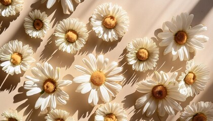 Poster - elegant aesthetic chamomile daisy flowers pattern with sunlight shadows on neutral beige background