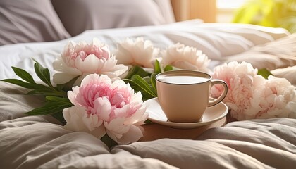 Wall Mural - an inviting scene of a warm coffee cup and lush peonies on a bed capturing the vibe of a relaxed morning the soft natural light tranquility atmosphere morning in bed aesthetic slow living concept