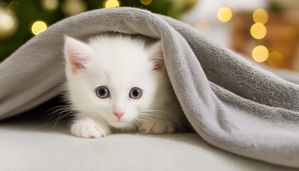 Poster - a white kitten is hiding under a blanket