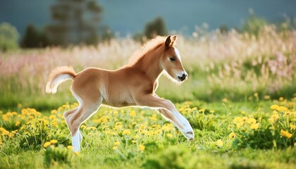 Wall Mural - little pony foal running in the field with flowers