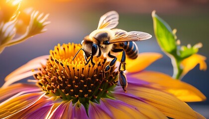 Wall Mural - bee and flower close up of a large striped bee collects honey on a flower on a sunny bright day summer and spring backgrounds