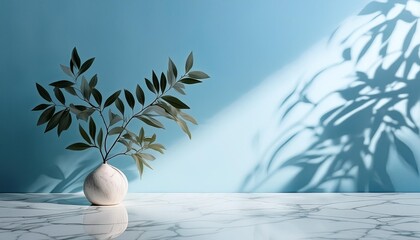 Wall Mural - minimalistic light background with blurred foliage shadow on a light blue wall beautiful background for presentation with with marble floor