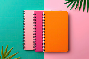 Three notebooks on bright background.