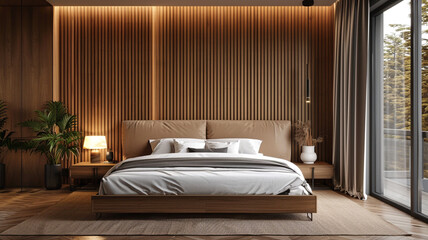 Stylish room interior with large bed near brown wall