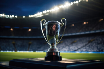 Beautiful Cup of the winner of the , Copa America , World and European Football Championship on the green field of the stadium.