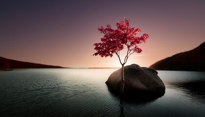 Wall Mural - small red tree on rock in lake or river at sunset panoramic minimalist landscape of peaceful nature isolated plant on sky background concept of art minimalism water