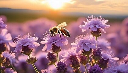 Wall Mural - purple flowers with honey bee