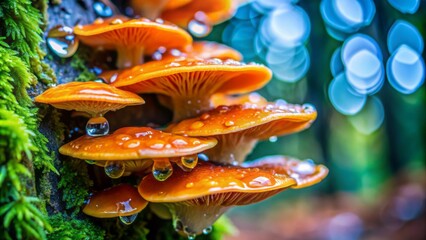 Vivid closeup macro shot of slimy orange fungus with white and baby blue undertones on mossy green tree bark with bokeh background.