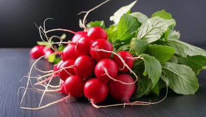 Wall Mural - a bunch of red ripe radishes with green leaves on a black table delicious healthy spring vegetables