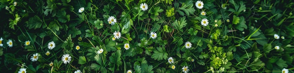 Wall Mural - High-Resolution AI-Generated Wallpaper of a Beautiful Summer Field with White Flowers and Lush Green Grass, Top-Down Botanical View